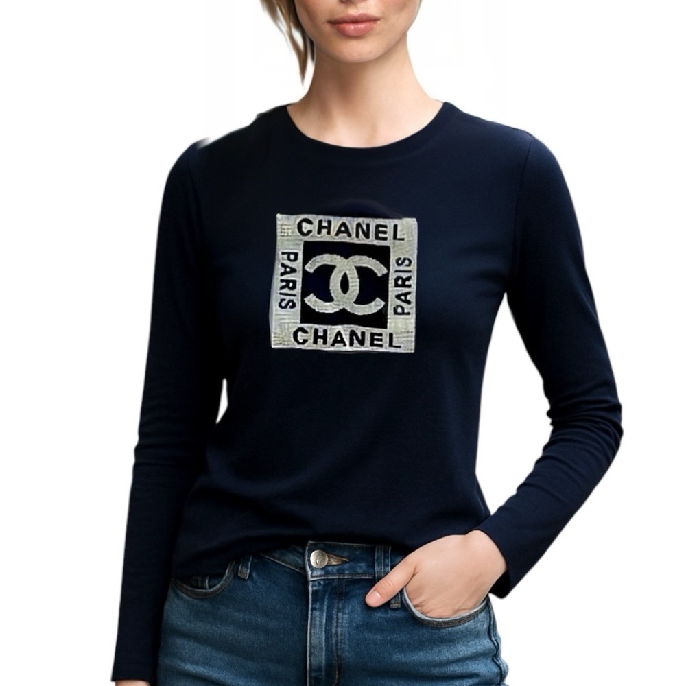 CHANEL BOUTIQUE • Black Logo Top • Authentic • RARE CHANEL front & back LOGOS